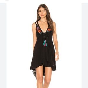 Free People Black Embroidered Tassel High-Low Mini Dress
